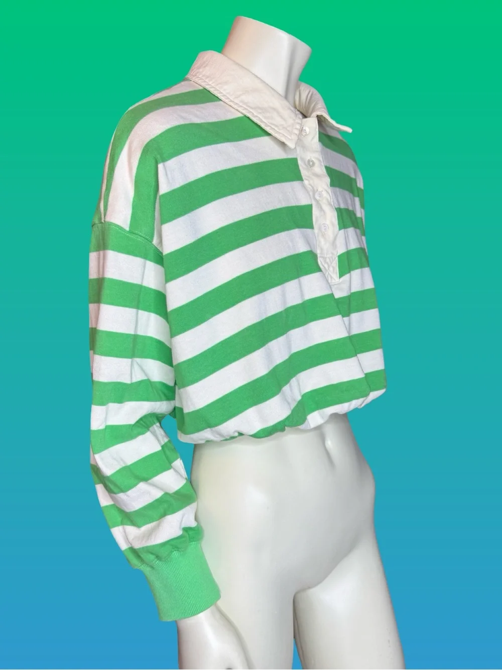 Peach Love California Cropped Rugby Polo Sweater Green Stripe Long Sleeve